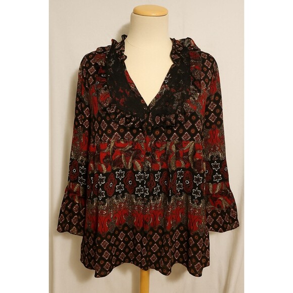 New Directions Women's 3X Spanish Goth Floral Boho Peasant Top Red Black Lace - Picture 1 of 8